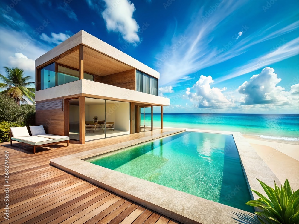 Fototapeta premium Serene Coastal Villa: Summer Oceanfront Architecture