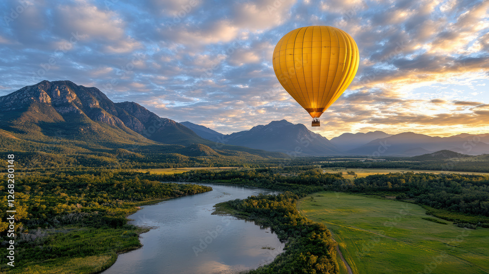 Fototapeta premium hot air balloon drifts over picturesque mountain landscape at sunset