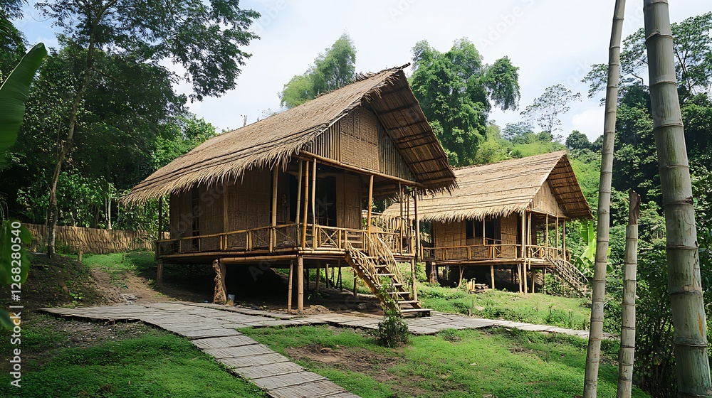 Tranquil Bamboo Huts nestled in Lush Green Forest Tranquil Bamboo Huts nestled in Lush Green Forest