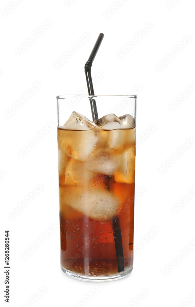 Refreshing cola with ice cubes and drinking straw in glass isolated on white Refreshing cola with ice cubes and drinking straw in glass isolated on white