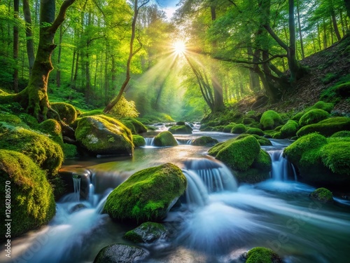 Serene Long Exposure: Flowing Freshwater Stream Beside Lush Greenery