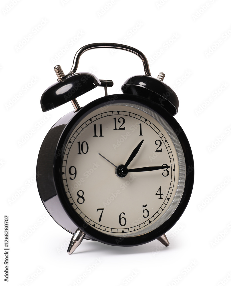 One black alarm clock isolated on white One black alarm clock isolated on white