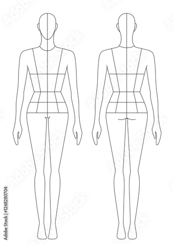 figurín de moda, delantero y espalda, Editable, BLANCO Y NEGRO, sin rostro, base