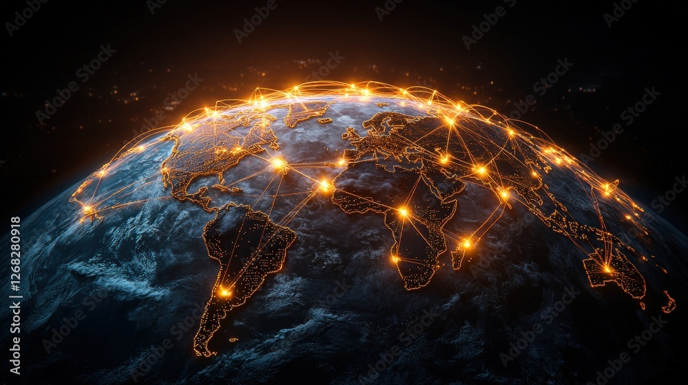 Obraz premium World map with illuminated connections and digital globe showcasing global trade routes and networks