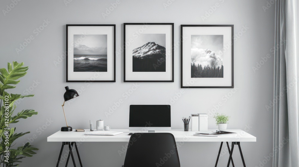 Fototapeta premium Modern minimalist home office workspace with black and white nature prints