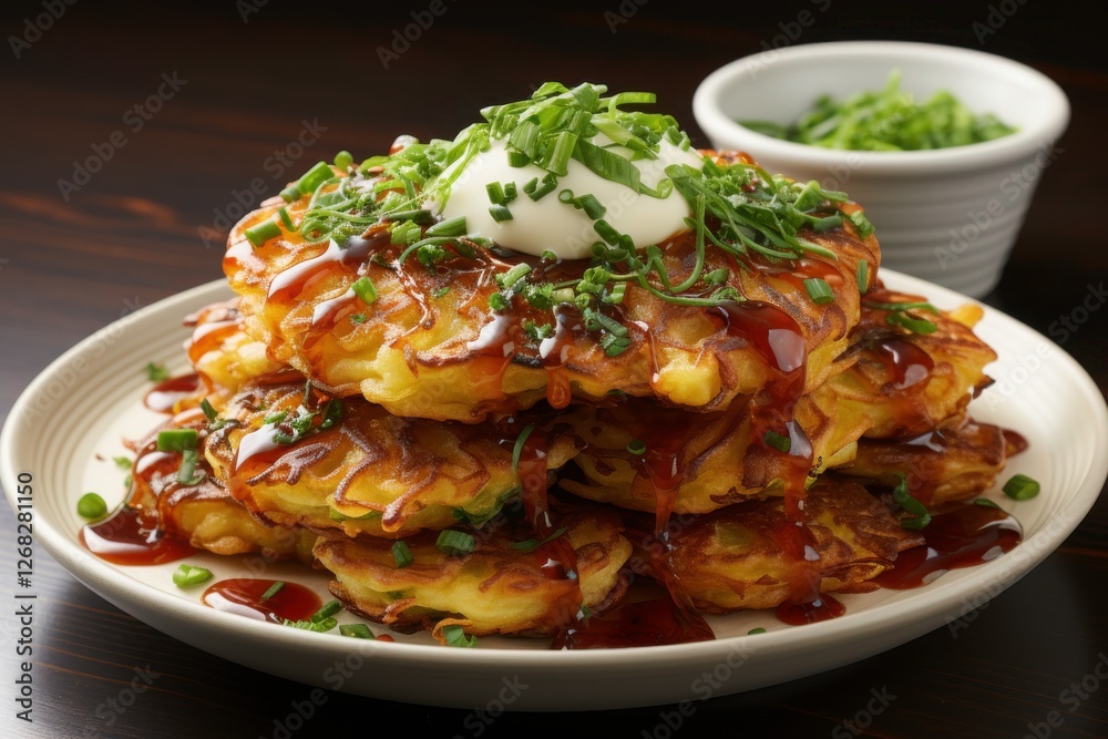Delicious and Crispy Vegetable Pancakes Topped with Sour Cream and Chopped Green Onions, Served on a White Plate Against a Dark Background Delicious and Crispy Vegetable Pancakes Topped with Sour Cream and Chopped Green Onions, Served on a White Plate Against a Dark Background