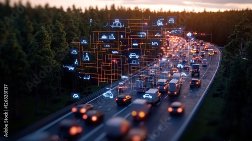 Highway with traffic and digital network overlay showcasing efficient transportation and connectivity