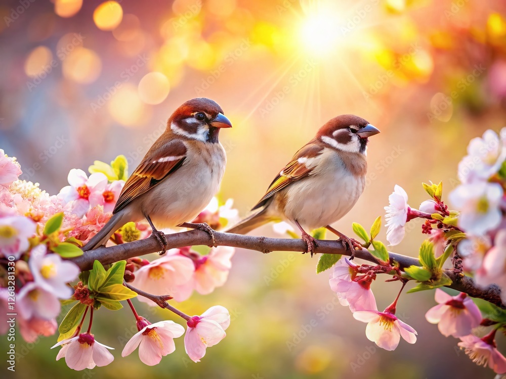 Serene Sparrows on Blooming Branch: Soft Sunlight Aerial Photography