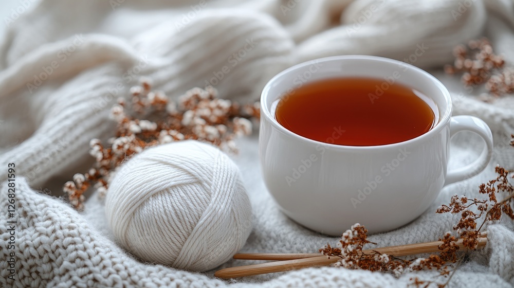 Cozy scene featuring a cup of tea beside a ball of yarn and knitting needles on a soft blanket Cozy scene featuring a cup of tea beside a ball of yarn and knitting needles on a soft blanket