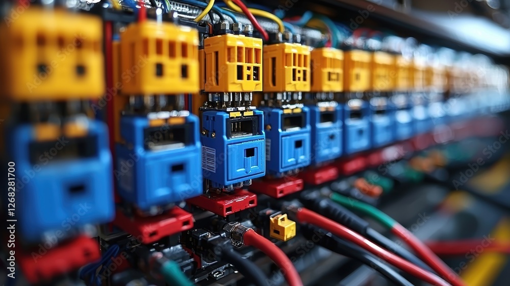 Naklejka premium Close-up of colorful electrical components in a control panel setup.