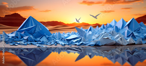A miniature desert world model was created using delicate origami techniques to create a three-dimensional effect, Ai Generative