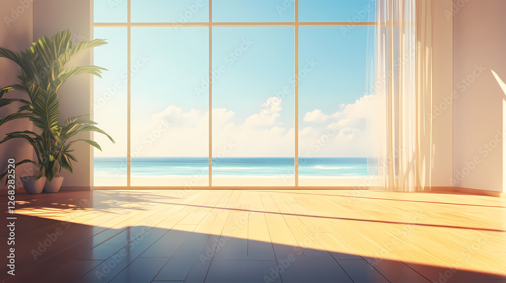 Fototapeta premium An empty modern living room framed by a beautiful sea view, with sunlight casting shadows on the timber floor. - 3d rendering. Living Shadow Constructs. Illustration