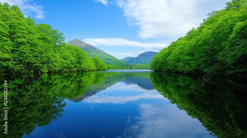 Fototapeta Naklejka Na Ścianę i Meble -  Serene lake surrounded by lush green trees and mountains