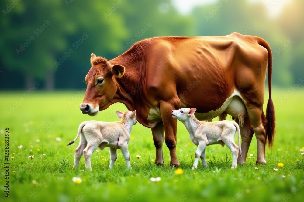Green meadow with mother cow feeding newborn calves, cows, meadow Green meadow with mother cow feeding newborn calves, cows, meadow
