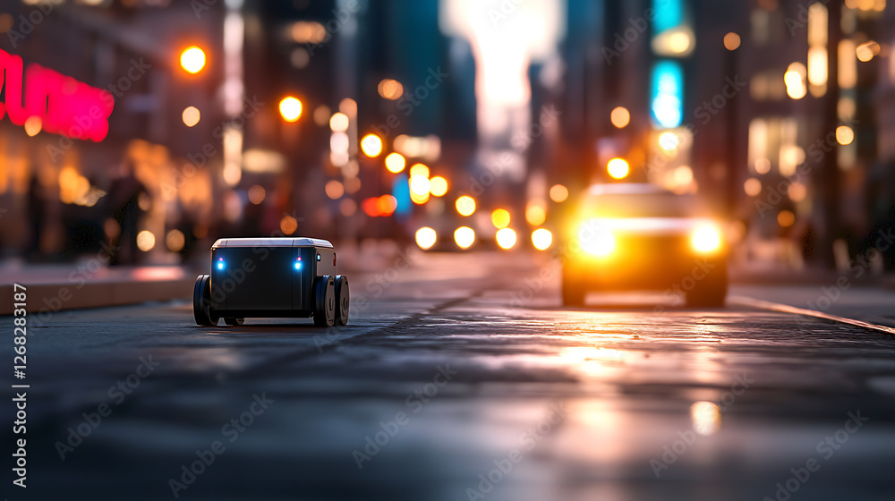 Fototapeta premium delivery robot navigating busy urban street at dusk, surrounded by city lights and traffic