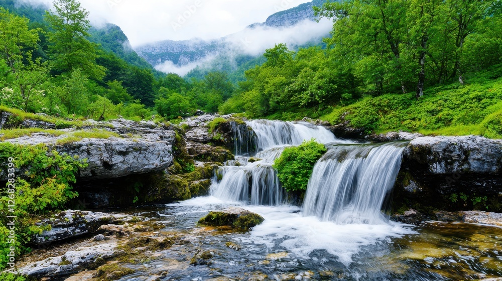 Cascading waterfall flows through lush green mountainous forest landscape Cascading waterfall flows through lush green mountainous forest landscape