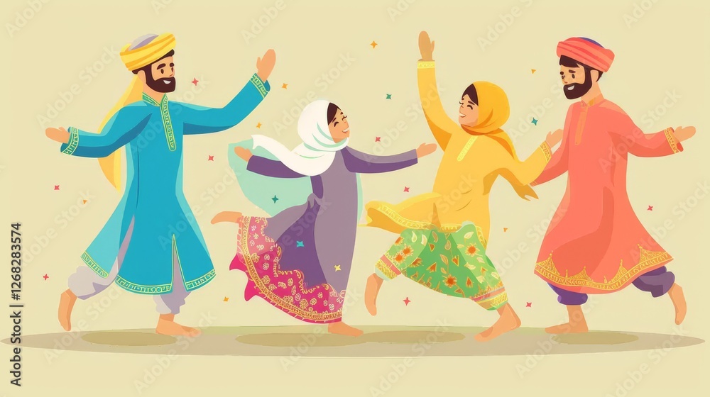 Fototapeta premium A family performing a traditional Eid Mubarak dance with