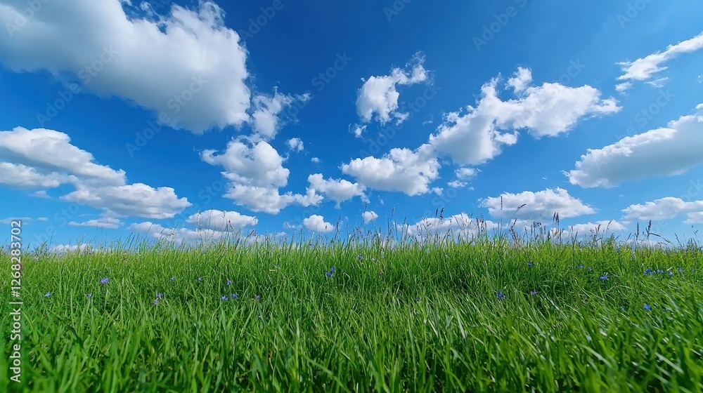Lush green grass against a vivid blue sky dotted clouds Lush green grass against a vivid blue sky dotted clouds