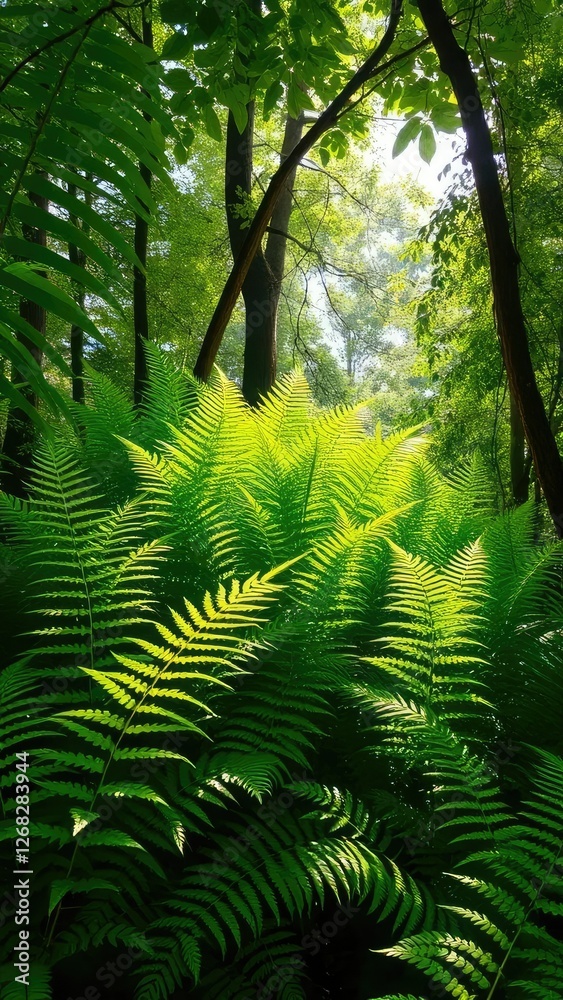 Fototapeta premium Lush green fern thicket with sunlight filtering through, nature, light
