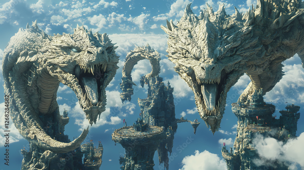 Obraz premium A sky kingdom where massive dragon statues hold up floating islands, their eyes glowing with ancient power. Thunder-Chained Titans. Illustration