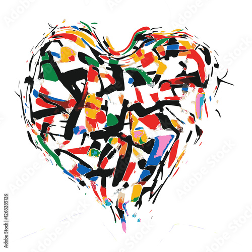 an abstract heart shape filled with bold, colorful patches and dynamic black strokes. The combination of red, yellow, green, blue, and other hues.