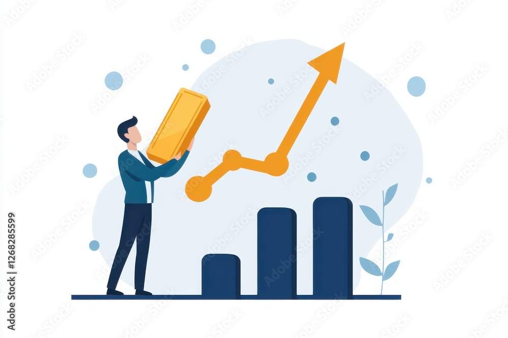 Businessman Holding Gold Bar with Arrow Graph and Bar Chart Background Businessman Holding Gold Bar with Arrow Graph and Bar Chart Background