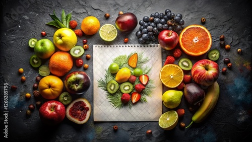 Silhouette of Vibrant Fruit Sketches on Textured Lined Paper