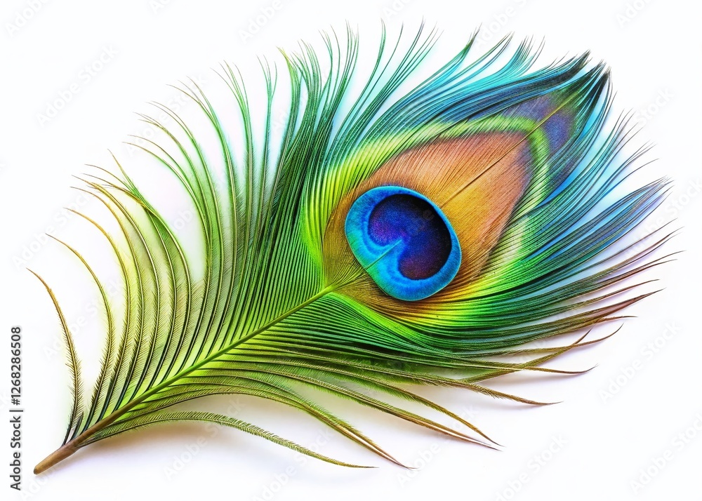 Obraz premium Single Peacock Feather Close-Up: Isolated Minimalist White Background Stock Photo