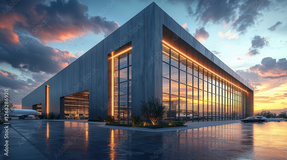 Obraz premium Modern industrial building with large glass windows and sunset backdrop.