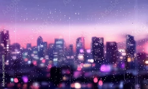 Rainy Cityscape at Dusk: A Dreamy View Through a Window