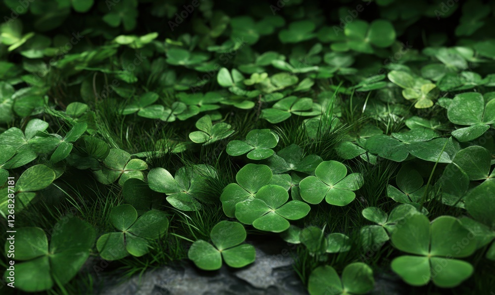 Lush green clover field with vibrant foliage and natural stone backdrop in serene environment Lush green clover field with vibrant foliage and natural stone backdrop in serene environment