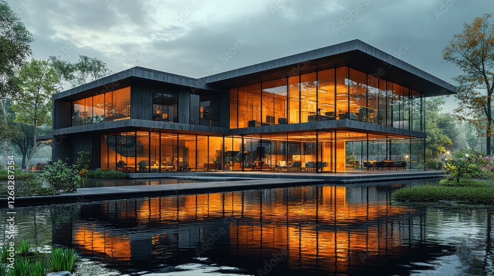 Obraz premium Modern glass house reflecting in a serene pond at dusk.