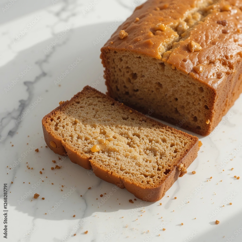 Delicious Homemade Loaf of Nut Bread Sliced on Marble Background Golden Brown Crust Delicious Homemade Loaf of Nut Bread Sliced on Marble Background Golden Brown Crust