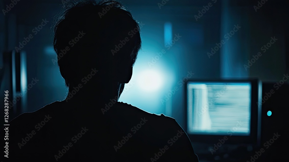Silhouette of a Person Facing a Computer Screen in a Dark Room Silhouette of a Person Facing a Computer Screen in a Dark Room