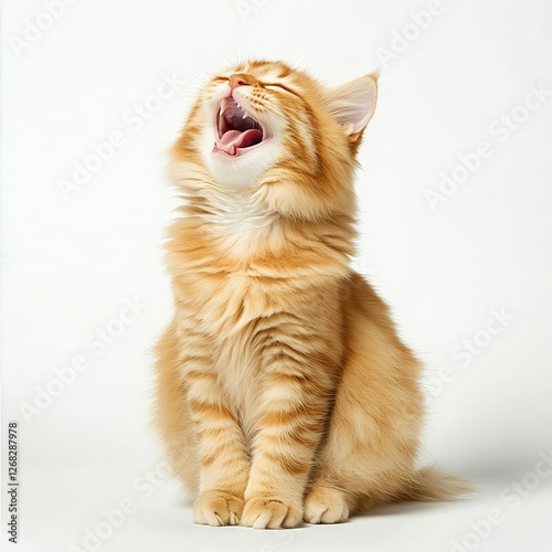 Adorable orange kitten yawns widely, showcasing fluffy fur against a bright white backdrop.  photo