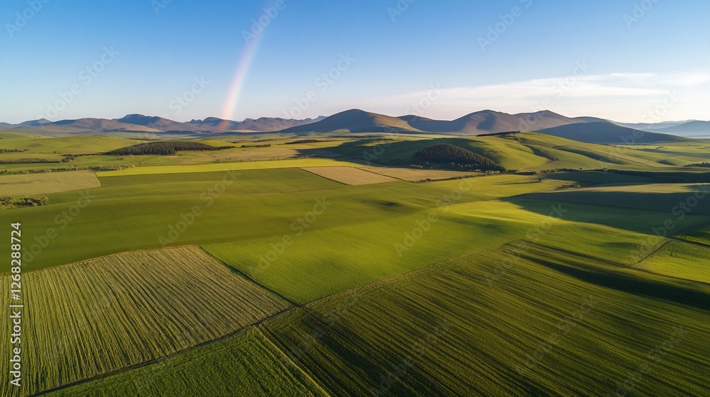 Obraz premium Aerial view of vibrant green agricultural fields and distant mountains with a rainbow.