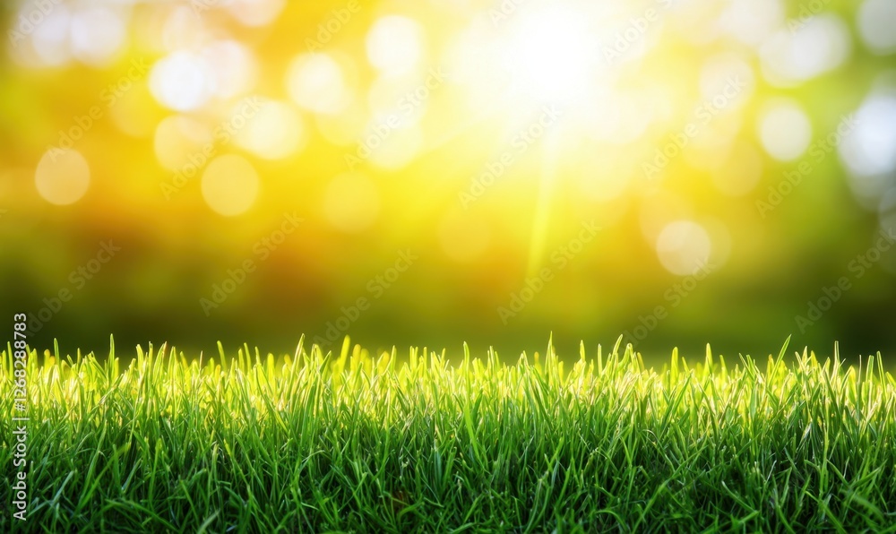 Obraz premium Lush green grass illuminated by warm sunlight, creating a serene outdoor atmosphere