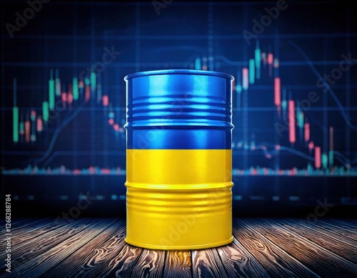 Ukraine flag painted oil barrel displayed in front of stock market graph during trading hours photo