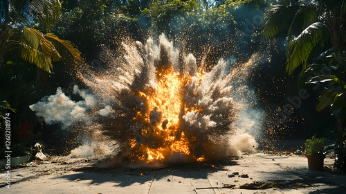 Wallpaper Mural Tropical explosion, fire, debris, jungle background; action movie scene Torontodigital.ca