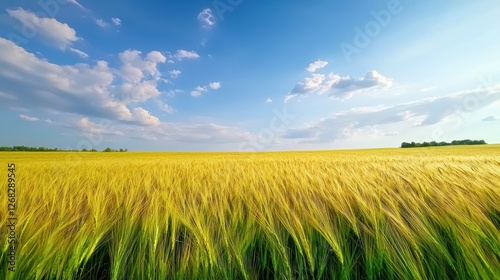 Wide angle shot of a golden wheat field landscape photo