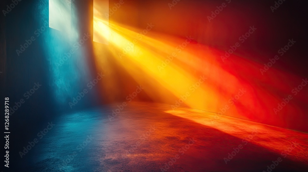 Ethereal light beams streaming through windows, illuminating a misty room with vibrant colors Ethereal light beams streaming through windows, illuminating a misty room with vibrant colors