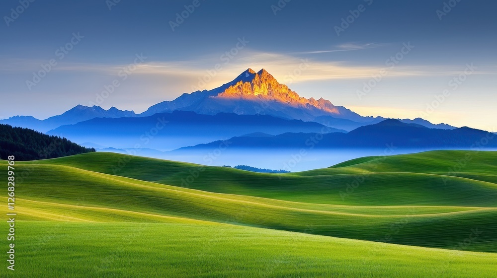 Fototapeta premium Golden light illuminates a majestic mountain range over green fields
