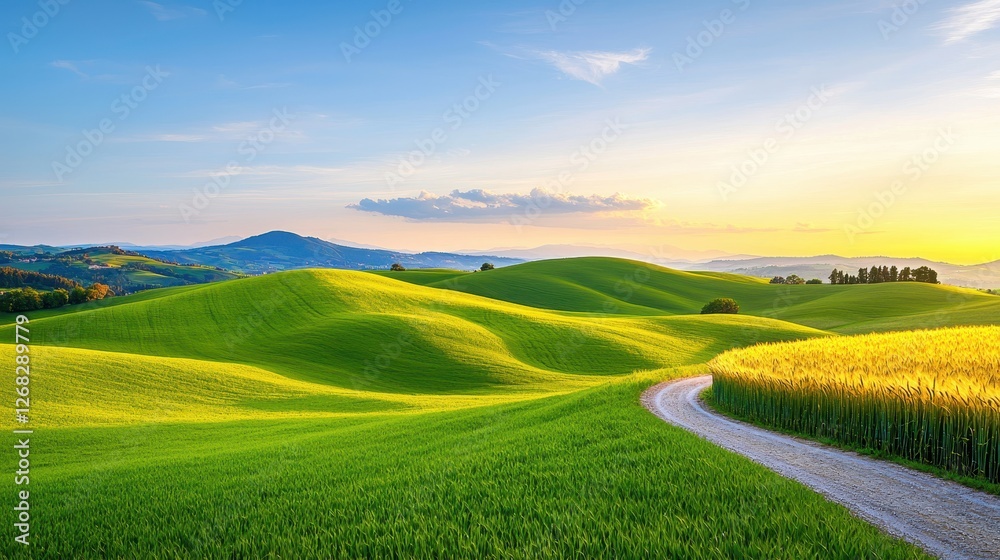Obraz premium Rolling green hills meet golden wheat fields under a sunset