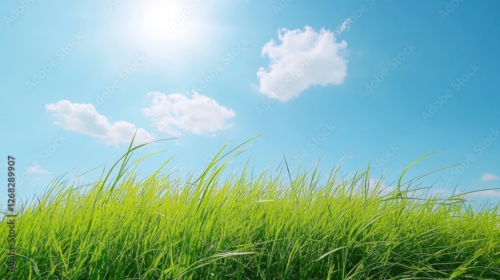 Green grass swaying gently against a bright blue sky