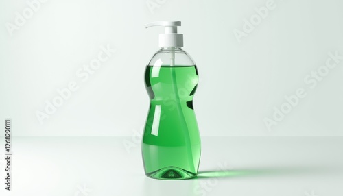 Photorealistic dishwashing liquid bottle mockup with green liquid.