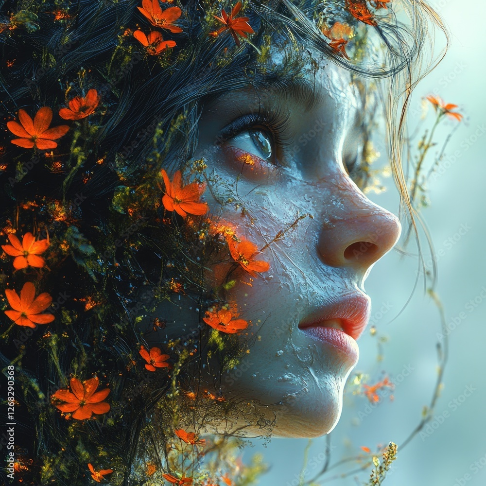 Fototapeta premium Ethereal portrait of a young woman with floral elements intertwined in her hair, set against a dreamy background