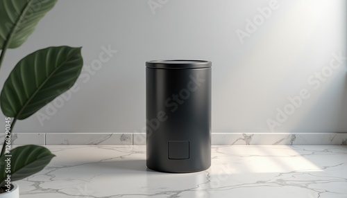 Elegant trash bin mockup, matte black cylindrical trash bin with soft-close lid, placed on marble floor with subtle reflections, high-end aesthetic