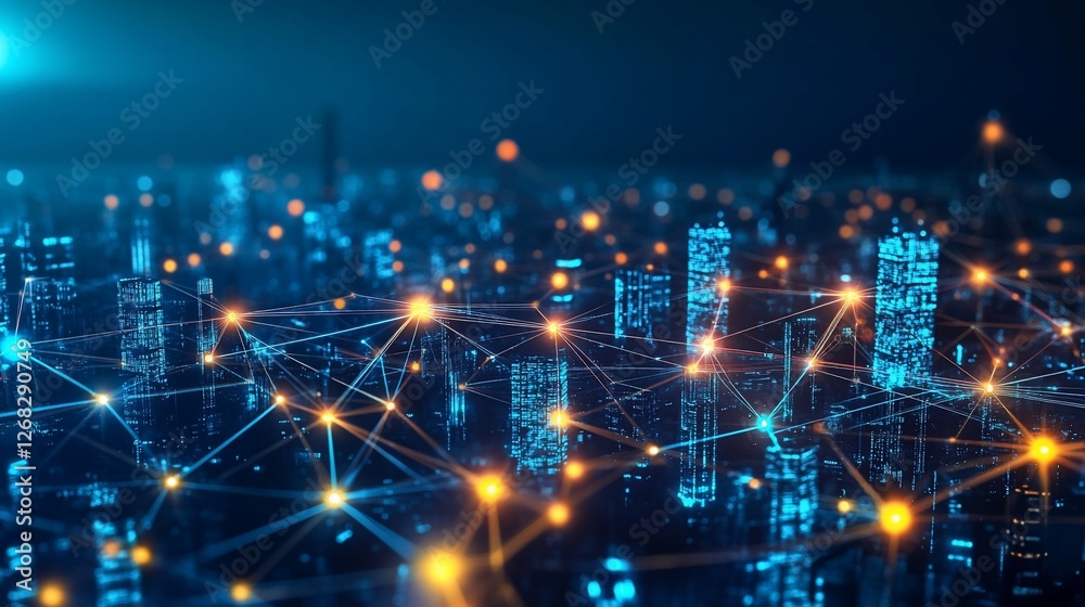 Obraz premium Digital City Network: Interconnected Infrastructure with Glowing Data Points
