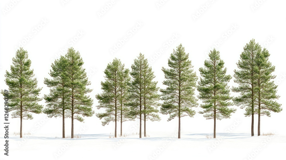 Fototapeta premium Winter pine trees, snowy ground, white background, nature scene, website design