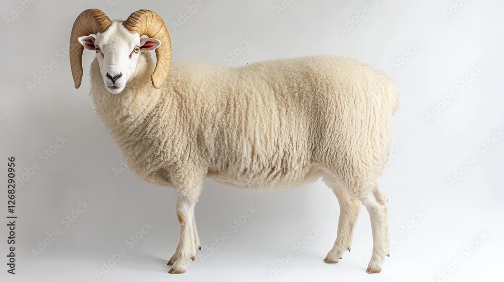 Fototapeta premium Majestic ram, studio shot, white background, wool, agriculture